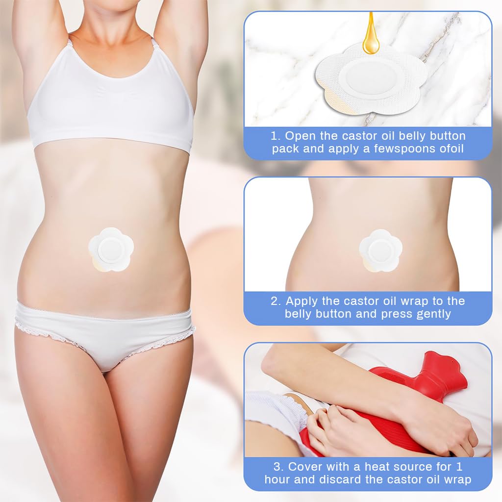 HANNEA Castor Oil Pack Wraps for Belly Button with Self-Adhesive Pads 30PCS | Organic Cotton