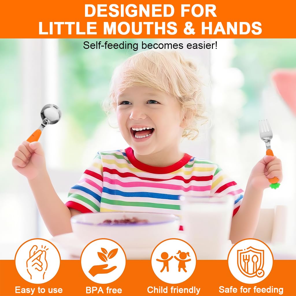 Supvox Spoon and Fork Set for Toddlers with Case featuring Carrot Handles and Serrated Spoon