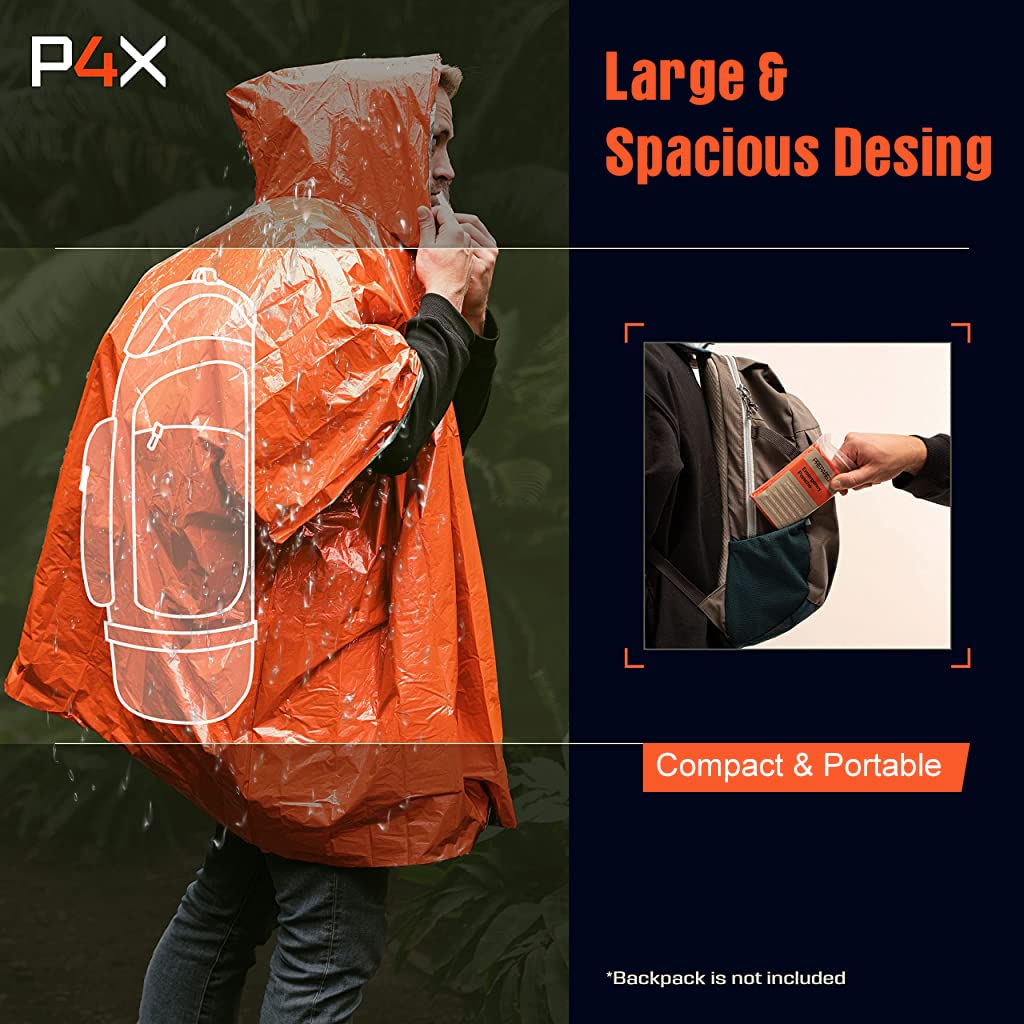 Optifit® Emergency Blankets and Rain Coat for Adult, Reusable PE Aluminum Film Reversible Rain Poncho for Outdoor Survival, Camping, Emergency, Tear-Resistant, Bright Color, Keep Warm