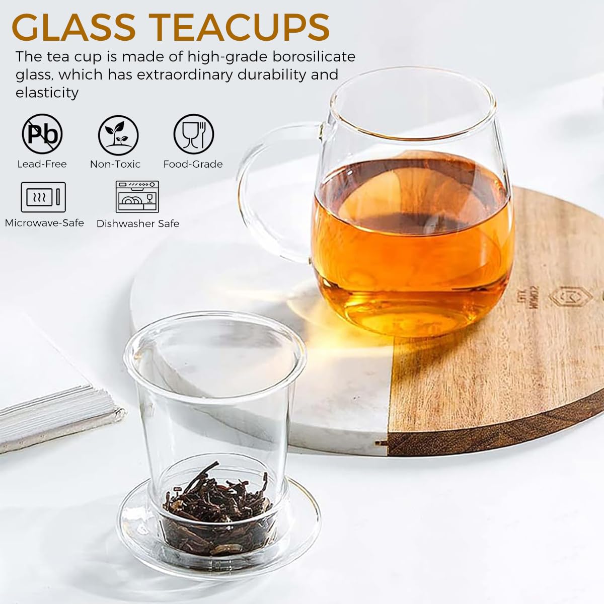 Supvox Glass Tea Cup for Loose Tea featuring Detachable Infuser and Lid Tray 17oz Borosilicate