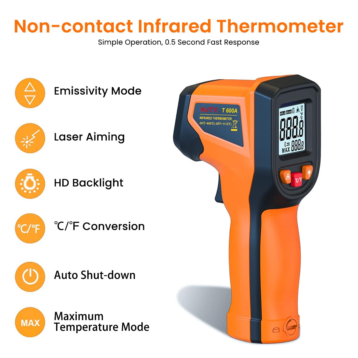 Serplex® Infrared Thermometer, Handheld Digital LCD Display Non Contact Laser Temperature Gun -50-600°C (-58-1112°F) for Household Industrial Use for Cooking, Pizza Oven (Battery Not Included)