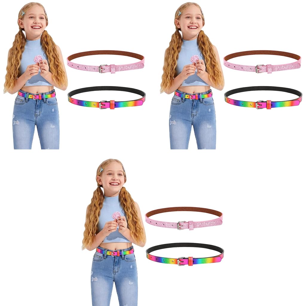 PALAY Girls Belt Set with Metal Buckle 90cm Length PU Leather Glitter Pink Rainbow for 6–12