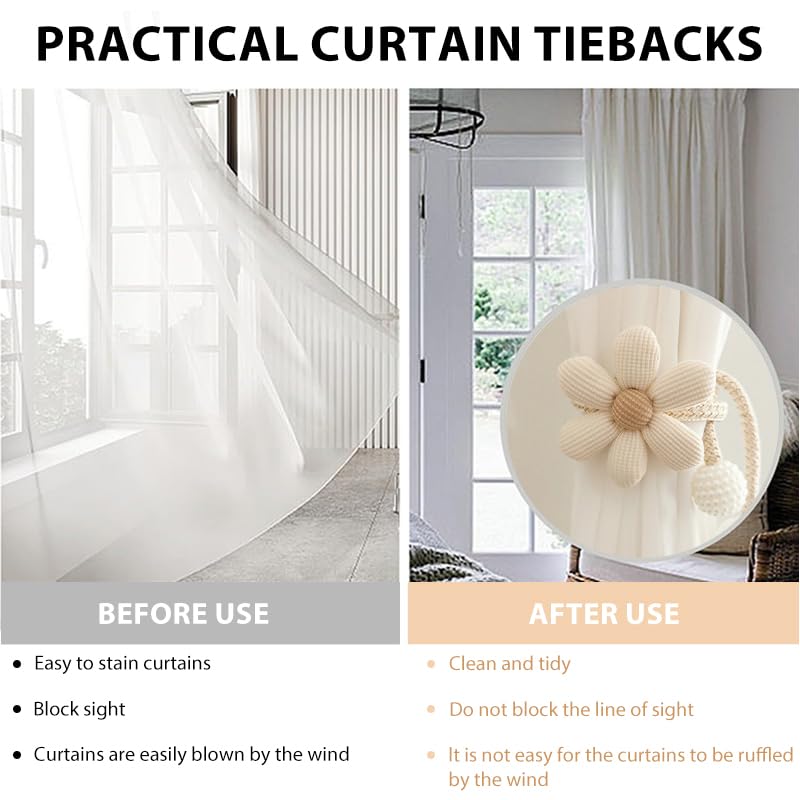 HASTHIP Curtain Ties 4PCS for Bedroom and Living Room featuring Elegant Flower Charm | Decorative Rope Clips