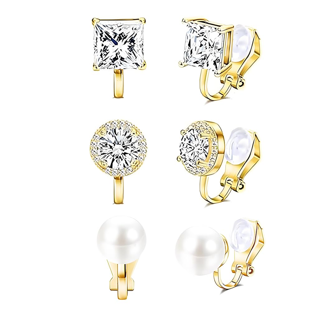 SANNIDHI® 3 Pairs Cubic Zirconia Clip on Earring Women Hypoallergenic Comfortable Non Pierced Stud Earrings for and Dance Competitions, Clip-on Earrings Silver Gold