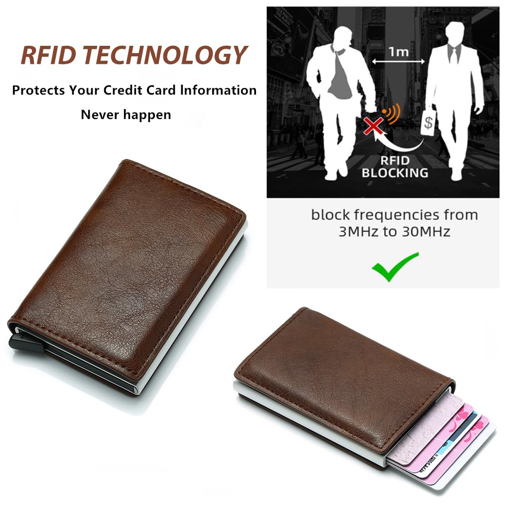 Zibuyu Slim Wallet for Men with RFID Blocking and Pop Up Card Chamber 3.74×2.55×0.59 in Brown