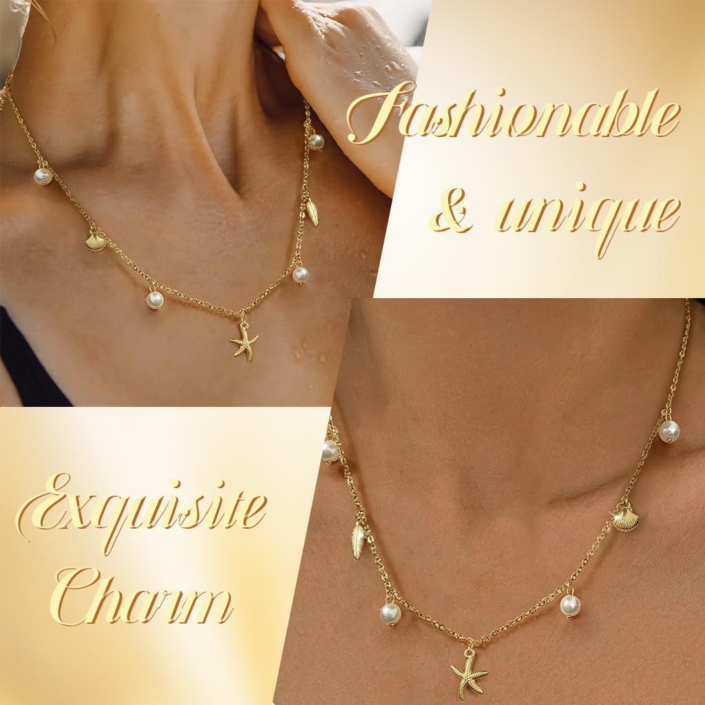 SANNIDHI Necklace for Women featuring Seashell Starfish and Pearl Charms | 3PCS Beach Jewelry