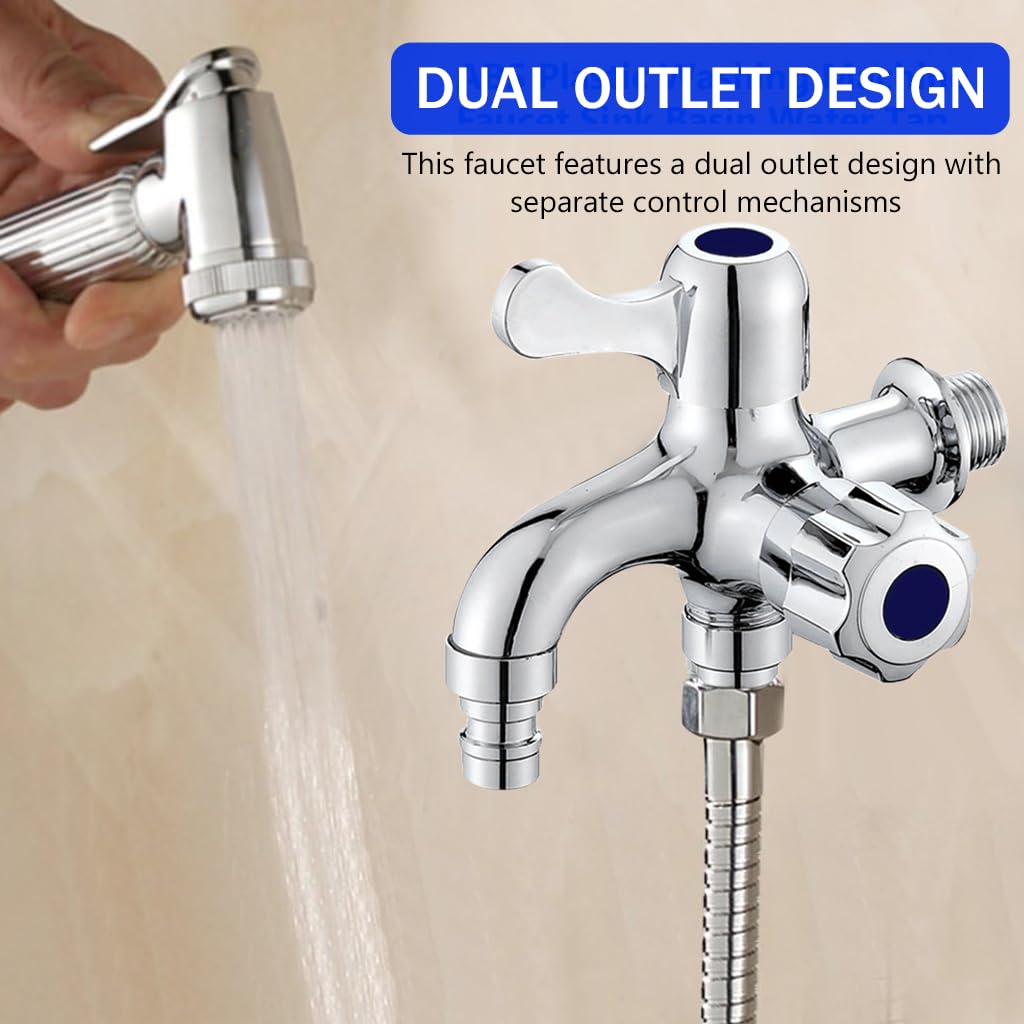 HASTHIP Washing Machine Faucet with Dual Outlets and Independent Controls for Laundry | Silver Alloy
