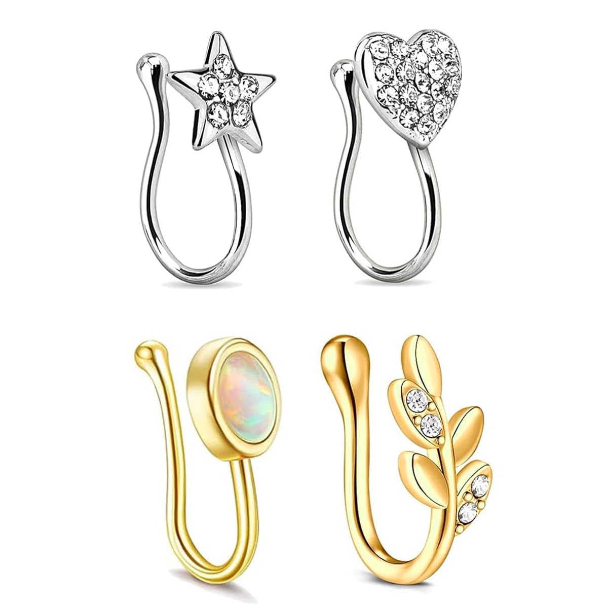 Venzina Nose Ring without Piercing for Women featuring Magnetic Clip On Design 4Pcs Gold and Silver