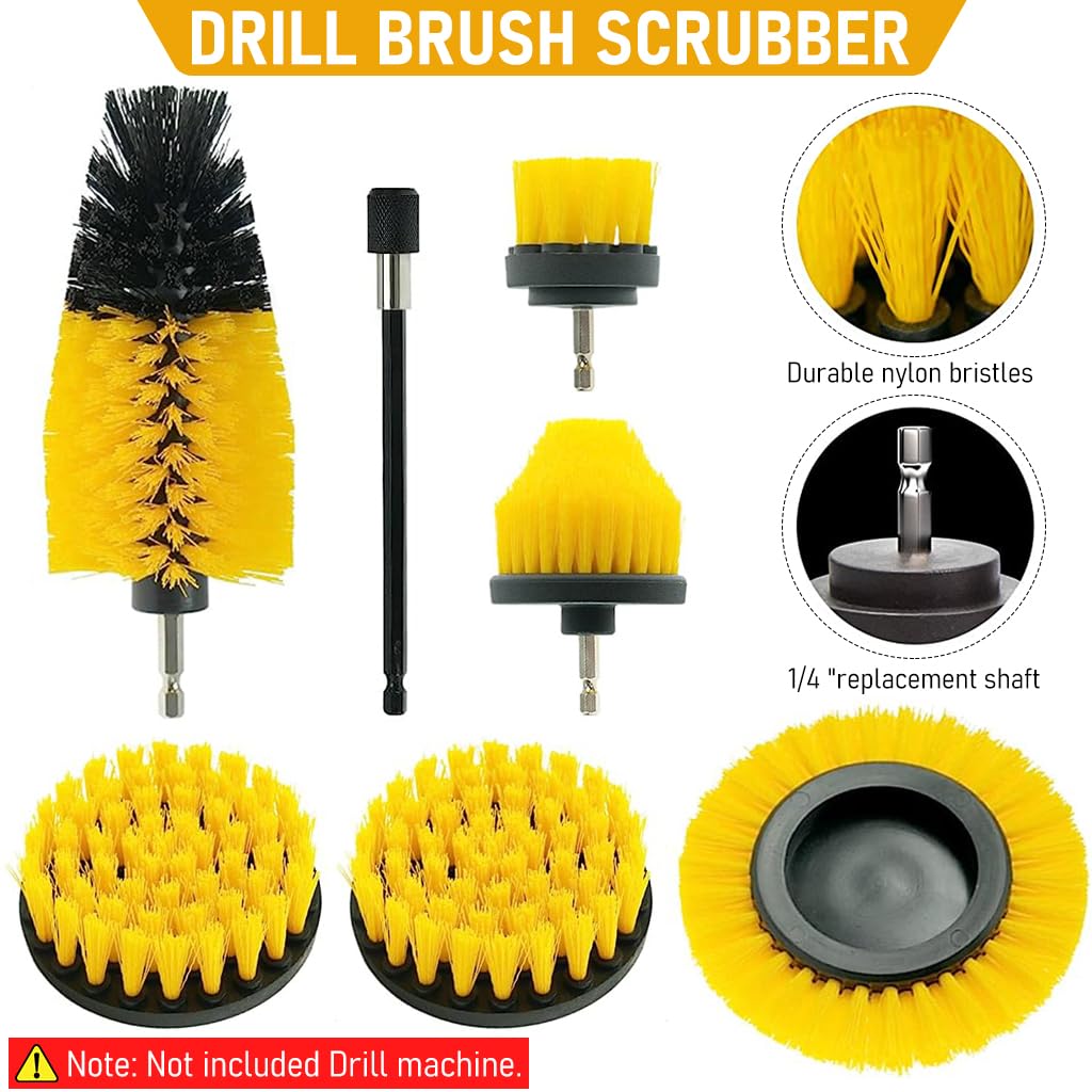 STHIRA® 7PCS Tiles Cleaning Brush Tool Set, Drill Brush Attachment Electric Drill Brush Cleaning Brush Kit with Extension Rod, Drill Brush Scrubber for Car, Wheel Hub, Tiles, Sinks, Bathtub, Bathroom, Kitchen