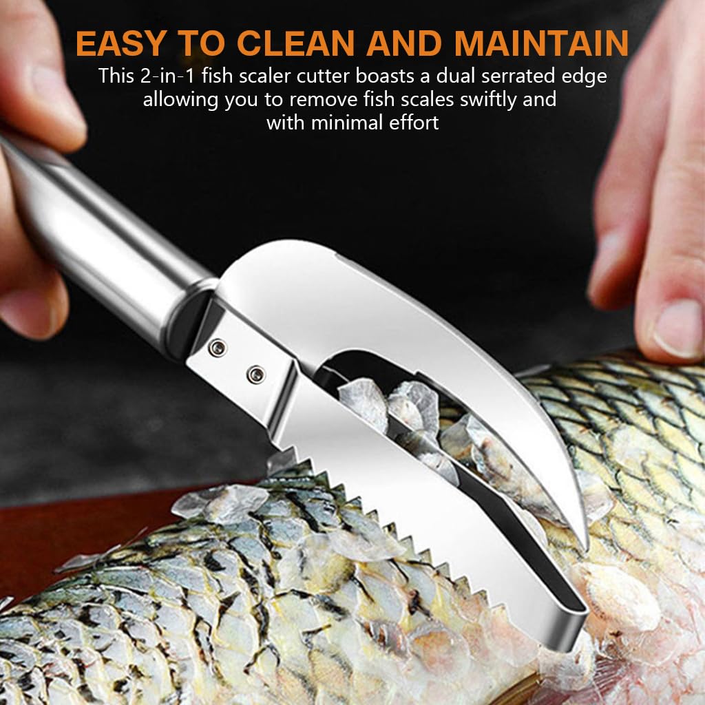 HASTHIP® 2 in 1 Fish Scaler Cutter Full Stainless Steel Serrated Kitchen Fish Scaler Cutter for Open & Scraping Fish Belly Kitchen Fish Fillet Cutter Kitchen Fish Scaler Tool