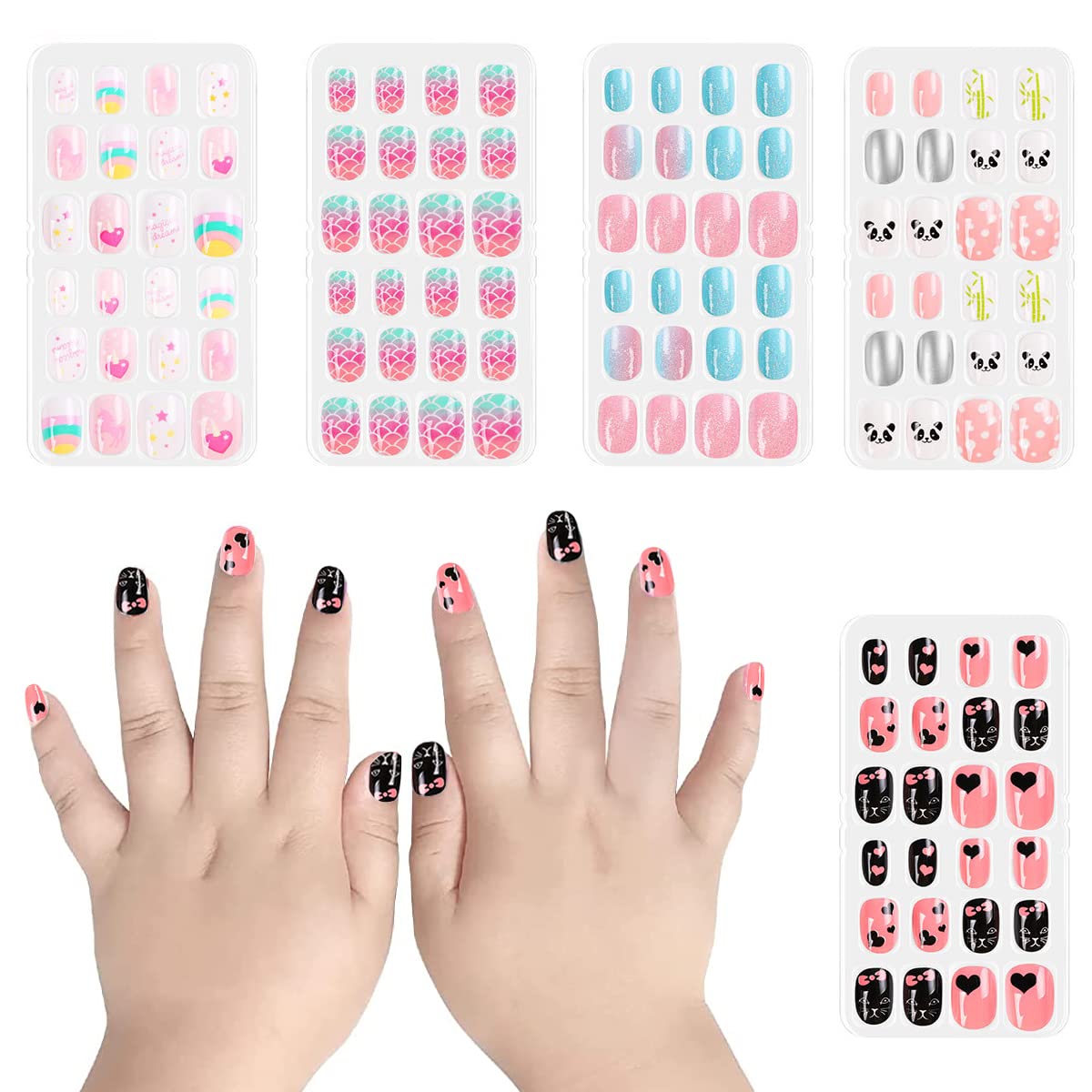 MAYCREATE® 120pcs Nail Art Kit for Kids, Children Fake Nails Artificial Nail Tips Girls Full Cover Short False Fingernails for Kids Little Girls Nail Art Decoration, Set of 5