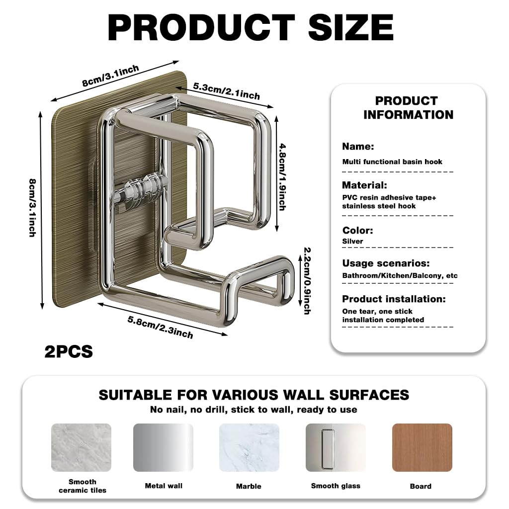 HASTHIP Washbasin Hooks for Wall with Stackable Holding System 2PCS Stainless Steel | Self Adhesive Bathroom and Kitchen Storage