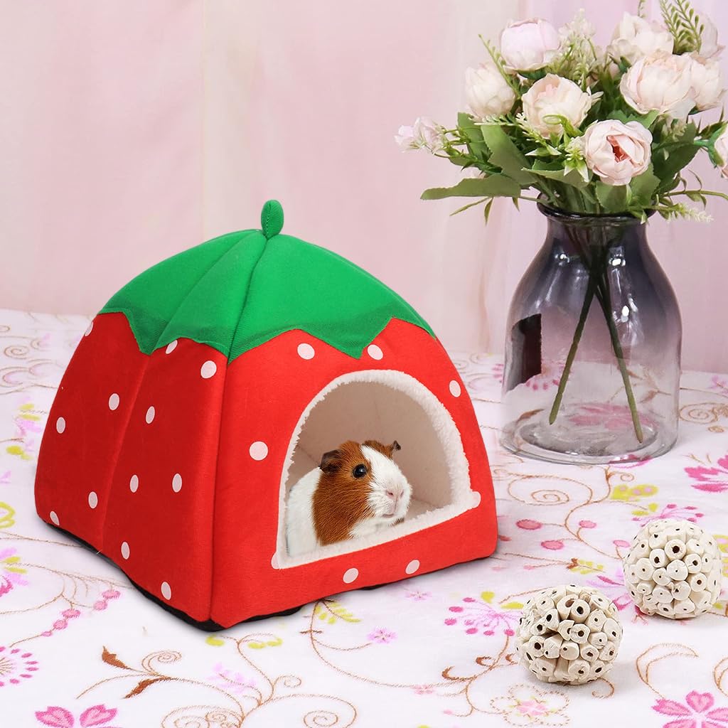 Qpets® Winter Bed for Pets, Cute Strawberry Plush House, Hamster Cage with Roof for Small Pet, Hideout Place Hibernation, Plush House for Ferret, Chinchilla, Bunny, Guinea Pig Bed (Within 0.75 kg)