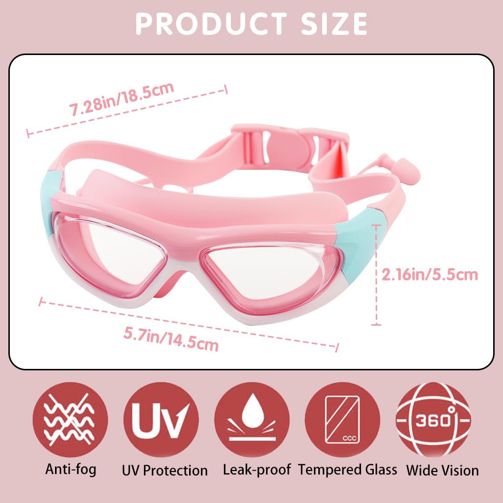 PROBEROS Swimming Goggles for Kids with Anti Fog UV lenses and Integrated Earplugs | Vibrant Pink Adjustable Strap