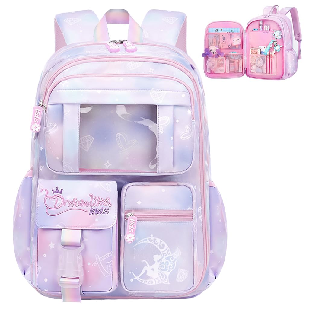 PALAY® Girls School Backpack Girls School Backpack Stylish School Bags Dreamy Purple Cartoon Print Schoolgirls Backpack Large Burden Relief Oxford Cloth School Backpack Gift Children's Day Gift