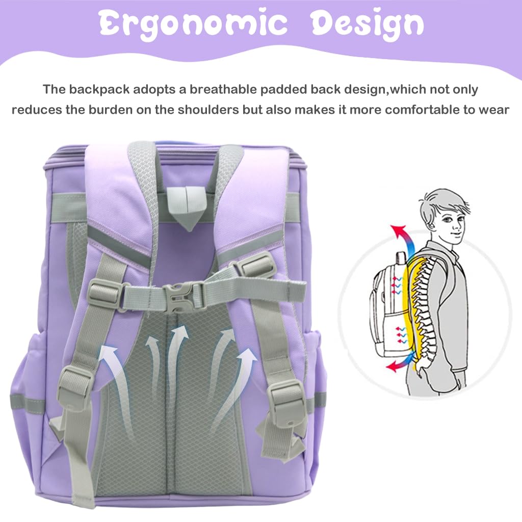 PALAY School Backpack for Girls with Full Opening Zipper and 30x18x40cm Double Layer Design | Purple Unicorn Bag for Students 6–12 Years