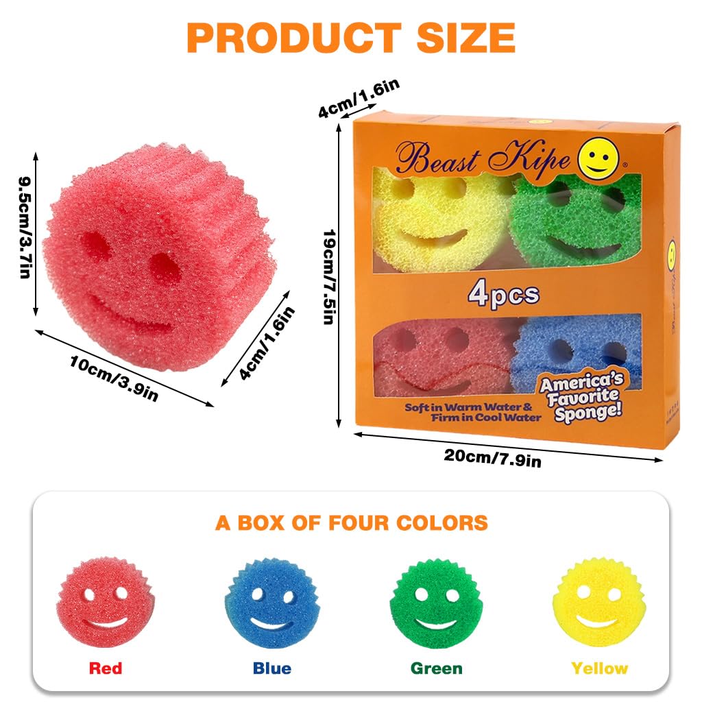 Supvox Scrubber for Kitchen 4 Pack with Dual Sided Sponge and Suction Cups | Fun Smiley Design