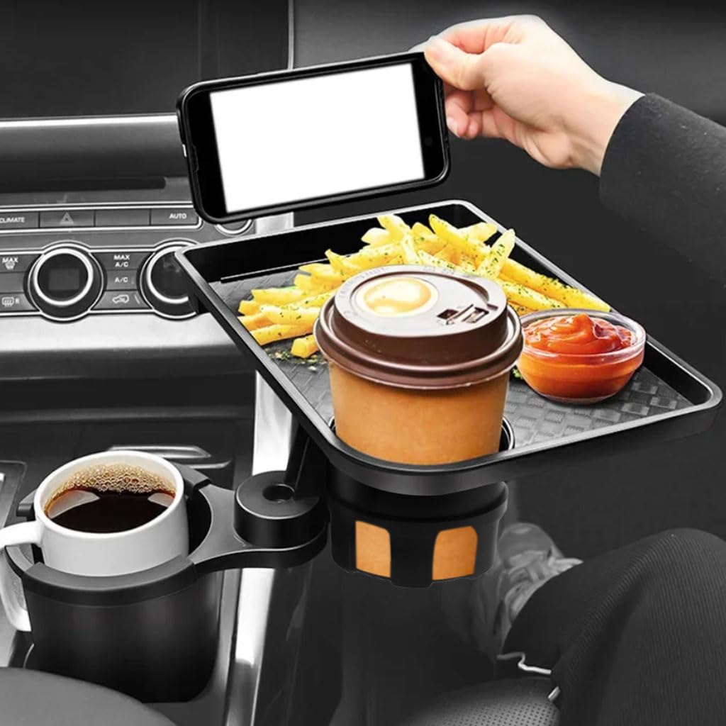 STHIRA Car Cup Holder for Drinks and Snacks with Dual Holders & Swivel Food Tray | Built in Phone Slot