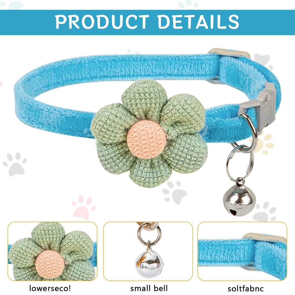 Qpets Cat Collar Set 8PCS Adjustable 19–32cm with Crochet Flower and Silver Bell | Gift for Cat Lovers