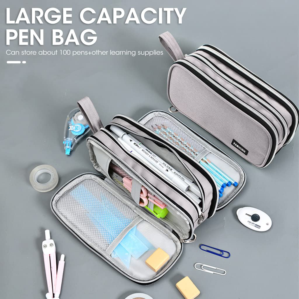 Climberty Large Capacity Pencil Case, 3 Layers of Storage 3 Metal Zippers, Portable Durable Pen Pencil Case with Handle, Aesthetic Pencil Case for School Supplies Office Teen Girls Adults (Grey)