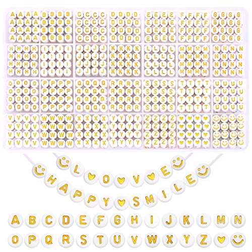 SANNIDHI® 1400pcs Alphabet Beads for Bracelets Jewellery Making Kit 28 Style Gold A-Z Acrylic Letters Round Letter Beads with Smile Face & Heart Beads for Friendship Bracelet Necklace DIY