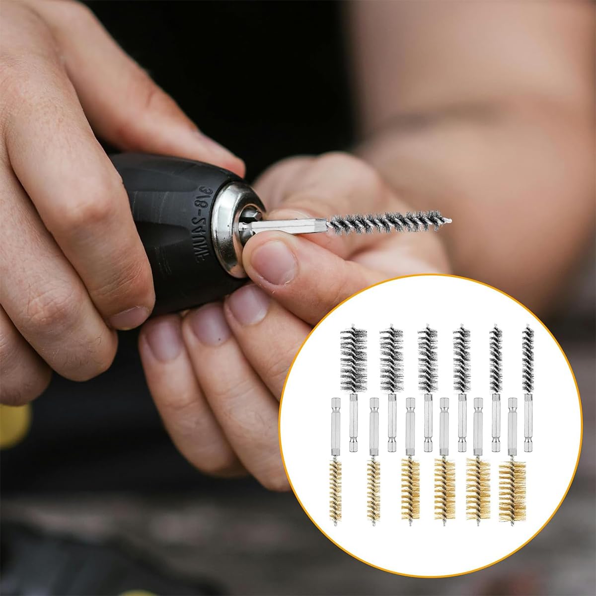 Serplex Bore Brush Set for Drill 12 pcs 1/4 in Hex Shank with Twisted Wire Design | Stainless Steel and Brass Cleaning Tools