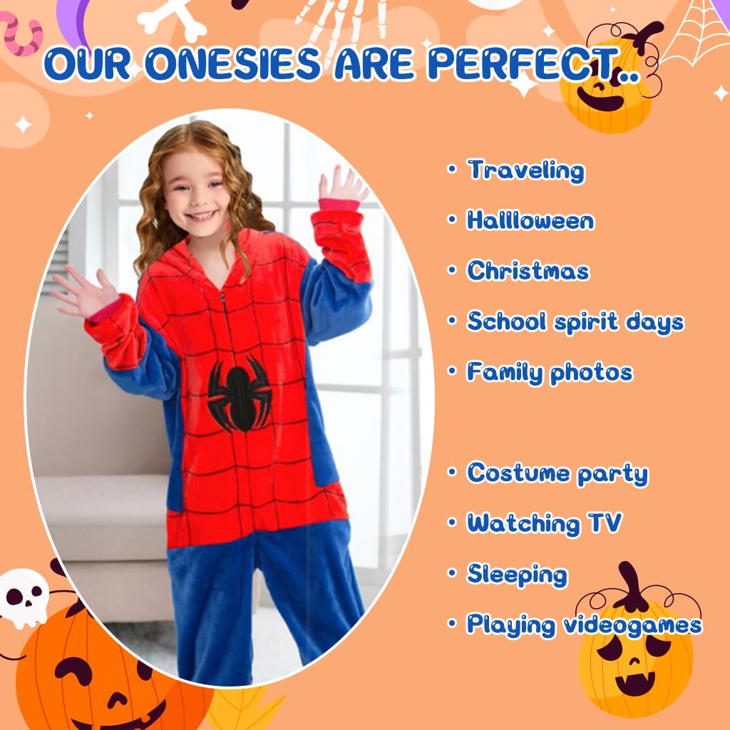 PALAY® Winter Kids Pajama Soft Plush Spiderman Pajama Warm Plush Kids Spiderman Hooded Pajama Girls Boys Pajama Party Costume Zipup Spiderman Pajama for 5-6 Years Old