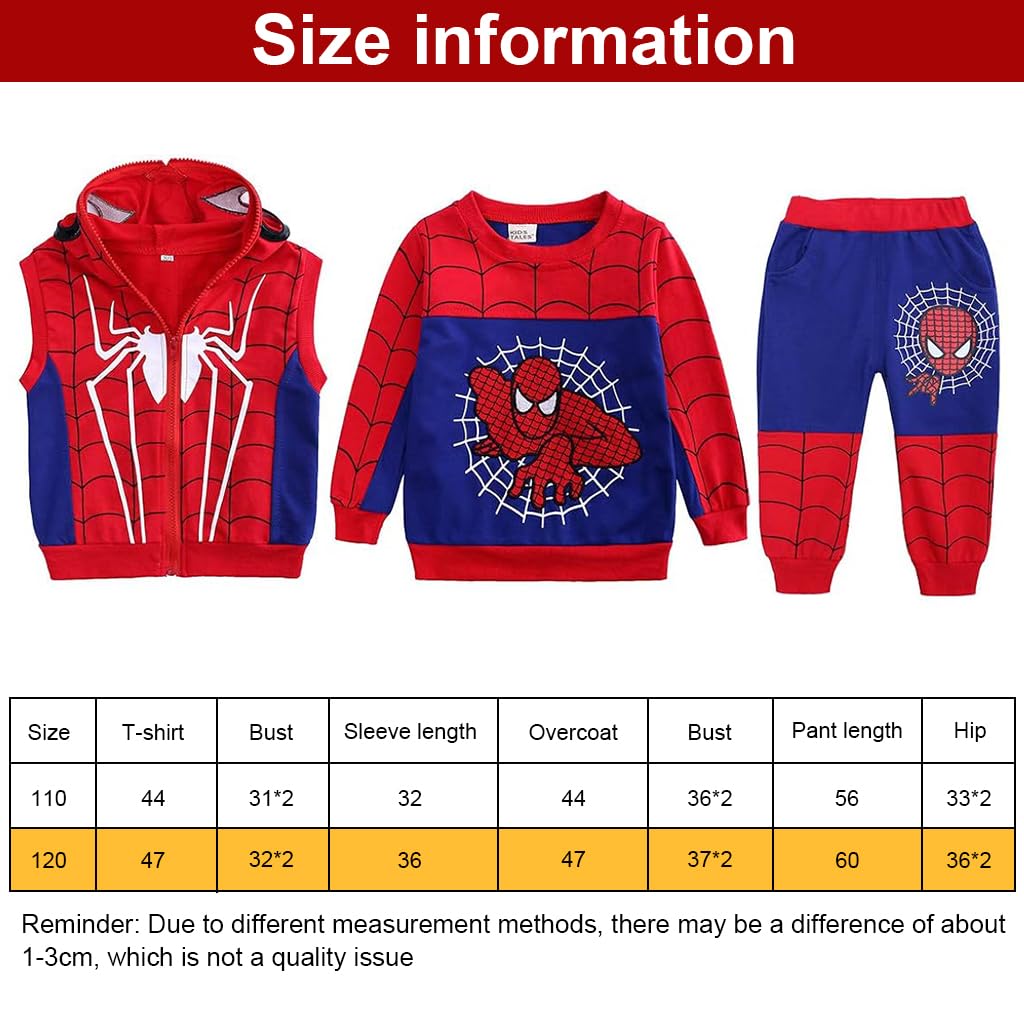 GUSTAVE® Spidernan Jacket Hoodies for Boys and Trousers Set of 3pcs, Cartoon Print Sweatshirt Sleeveless Hoodie Coat & Pants Set for Baby Boy 4-5 Years Old, Toddler Children Clothing Suit