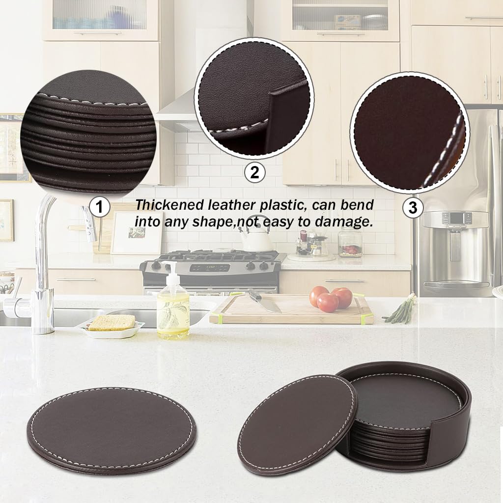 HASTHIP® 6Pcs Leather Coasters with Holder Fashion PU Insulation Cup Coasters Table Protector Decorative Table Coasters Elegant Home Decor Leather Coasters (Brown)