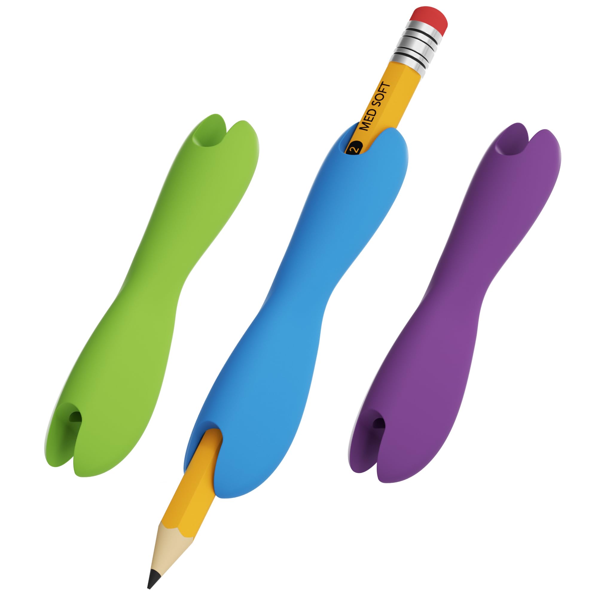 Climberty® 3 Pcs Silicone Pencil Grips for Kids & Adults, Ergonomic Dual-Head Design for Handwriting, Drawing & Coloring, Improves Grip Control,Green/Blue/Purple