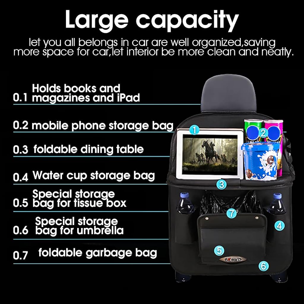 STHIRA® Car Back Seat Organizer, Car Organizers and Storage Pouch, Leather Car Seat Back Organizer Large Capacity Storage Bag with Collapsible Trash Bin Tray for Daily Essentials Hangable Reinforced Stitching