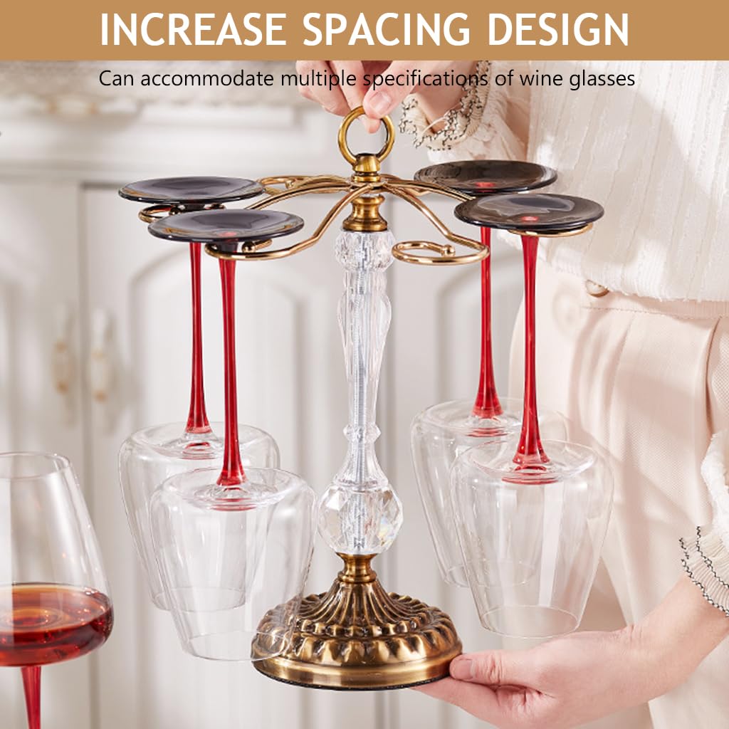 Supvox Metal Wine Glass Holder for 6 Goblets featuring Spiral Hooks and Crystal Pole | Gold Stainless Steel Countertop Rack 26x32 cm