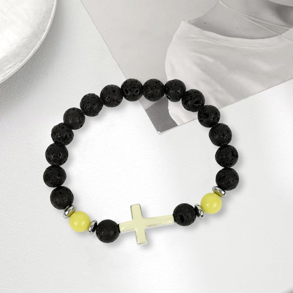 PROBEROS Bracelet for Man with Luminous Cross Beads and Natural Volcanic Stone | Unisex Stretch Design