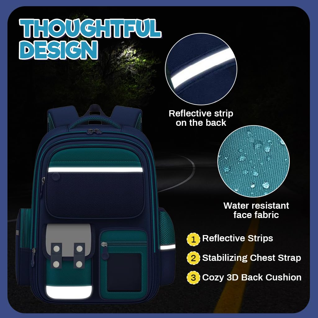 Large School Bag for Boys with 40x32x12cm Capacity and Padded Straps | Dark Green Laptop Backpack