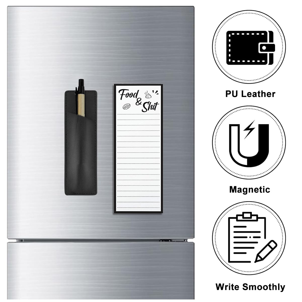 Climberty® Grocery Shopping List Fridge Magnet with Marker, 50-Sheet Magnetic Kitchen Grocery List Note Pads, Magnetic Pu Leather Marker Pouch for Shopping and to Do Lists (Black)