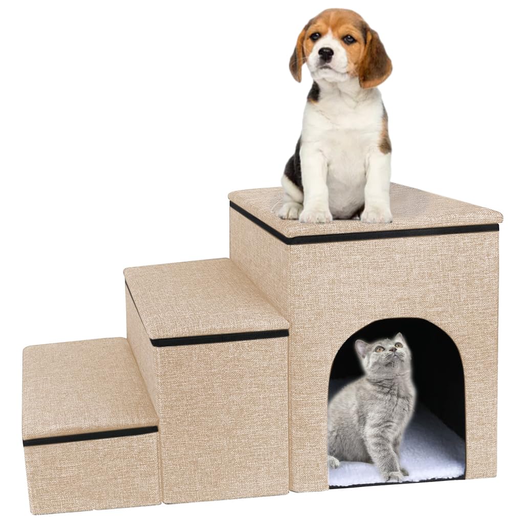 Qpets® Multi Purpose Dog Cat Stair Pet Stair Pet House 3-Stair Cat House for Pet with Storage Space Foldable Pet Game Stair Dog Bed for Small Dog Cat Cat Beds