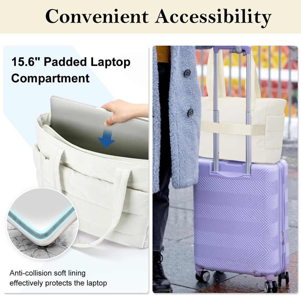 PALAY Fashion Tote Bag for Women with 15.6 in Laptop Compartment and Quilted Design | Soft Puffy Polyester Shoulder Handbag 13.8x6.3x19.3 in