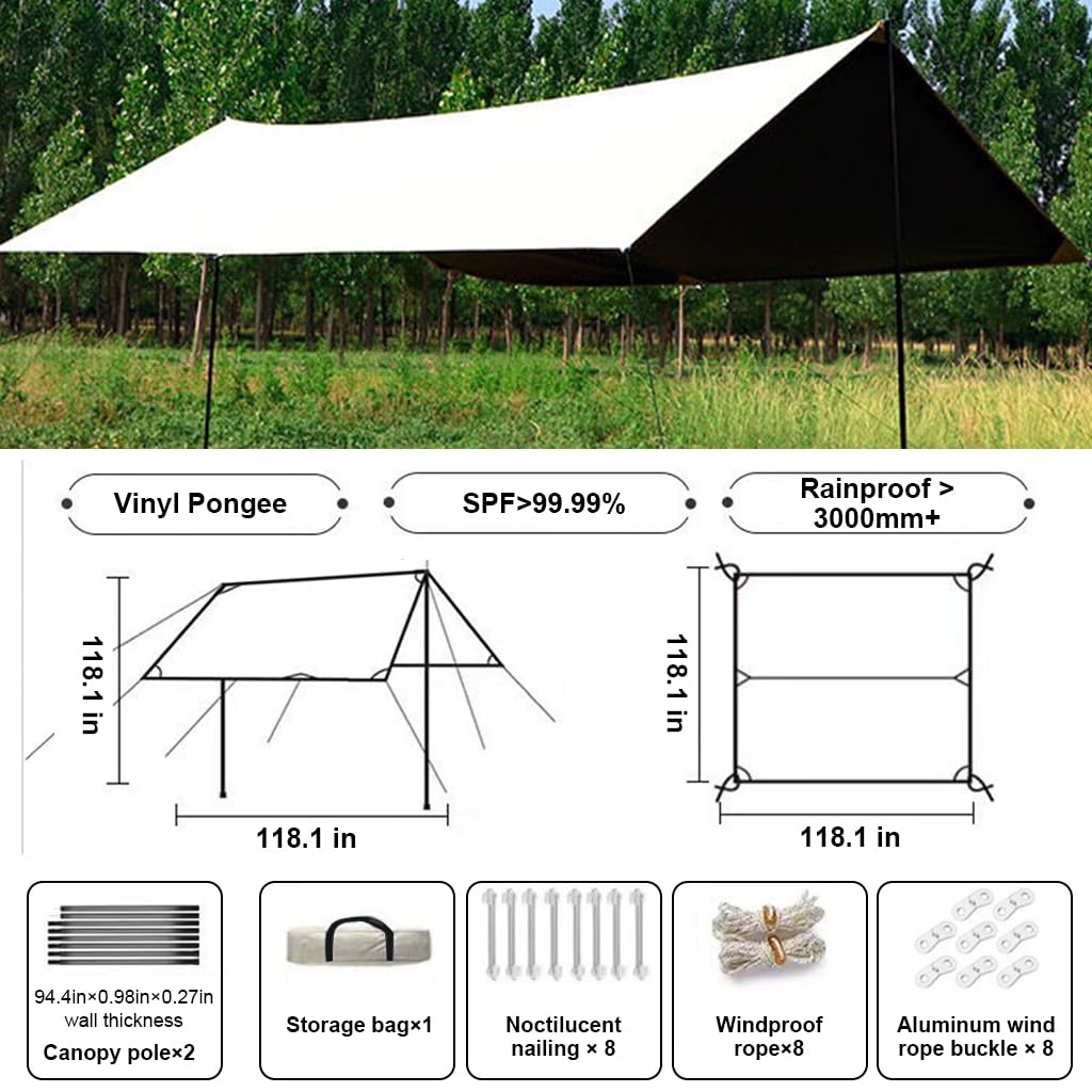 Proberos® Outdoor Sunshade Canopy UPF 50+ Sunshade Canopy  Tarp Tent Sunshade Camping Tent Canopy with Metal Ground Nail 10ftx10ft Canopy for Camping, BBQ, RV Travel, Picnic