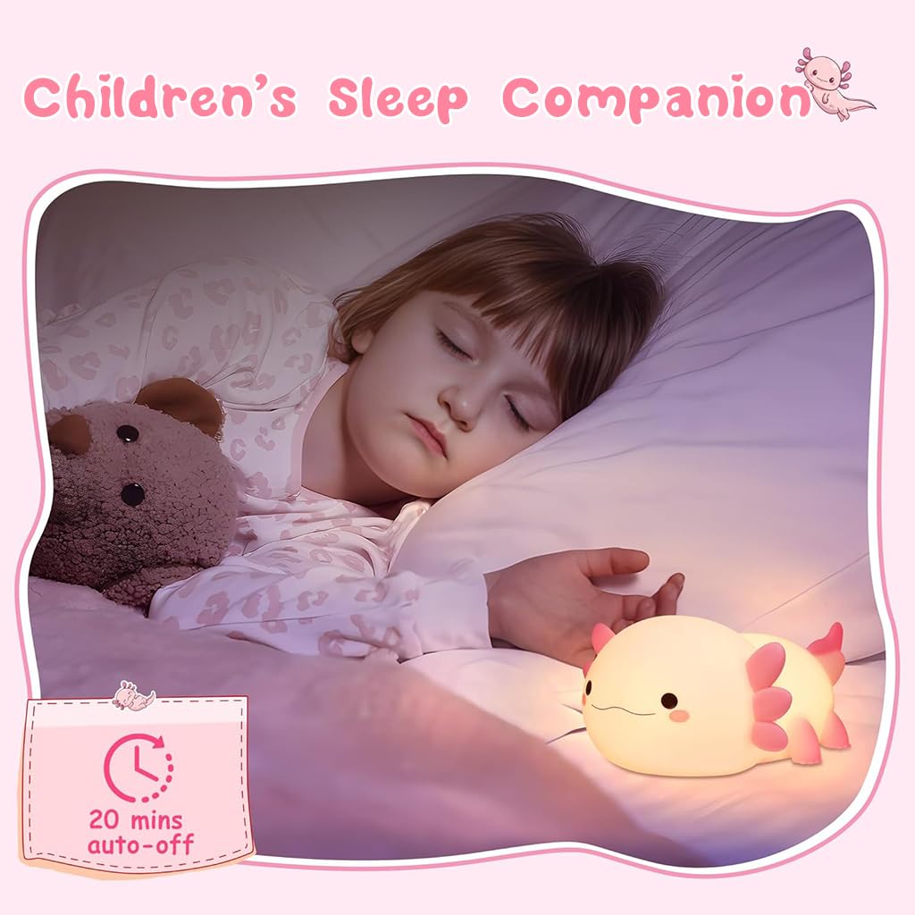 ELEPHANTBOAT Axolotl Night Lamp for Kids with 15min Auto Off Timer and Soft Silicone Light | USB Rechargeable LED Bedside Lamp