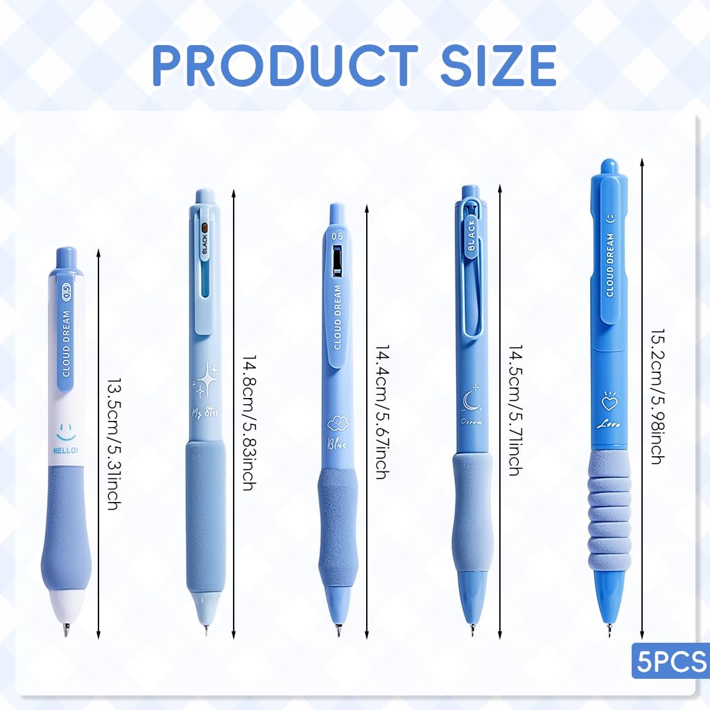 Zibuyu Click Pens 5Pcs for Students with Smooth Gel Ink and Cushion Foam Grips | Cloud Themed Blue Stationery
