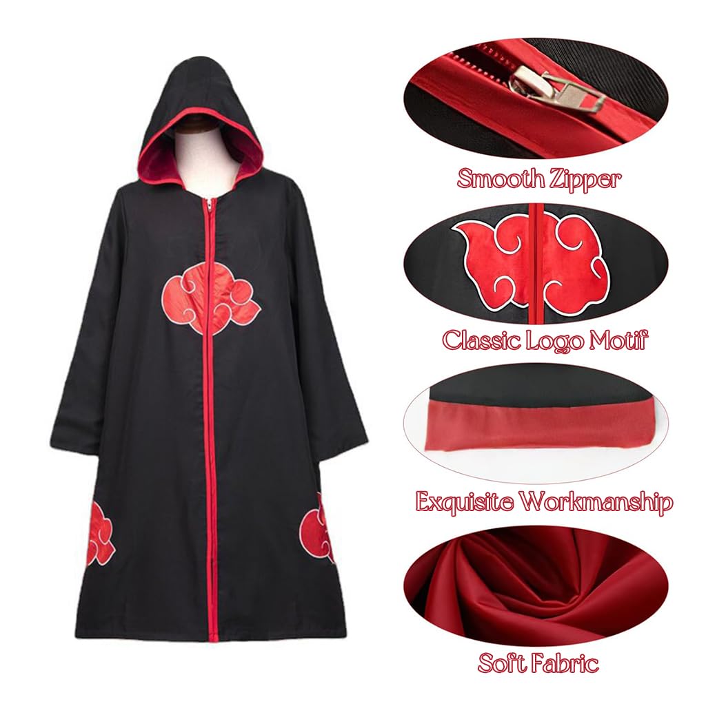 Venzina Hooded Akatsuki Cloak Itachi Uchiha Cosplay Costume for Party and Halloween | Includes Cloak Headband Ring Kunai Necklace Set for Height 165–170 cm