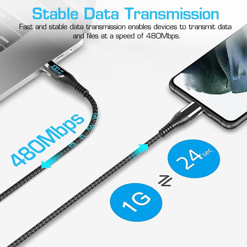 Verilux Type C to Type C Cable 3.3ft for Fast Charging with 100W PD and LED Power Display