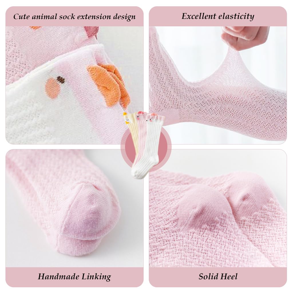 SNOWIE SOFT Baby Girls Stockings for 1–3 Years with Breathable Mesh and Cartoon Designs | 3 Pairs Cotton Polyester Knee High Socks