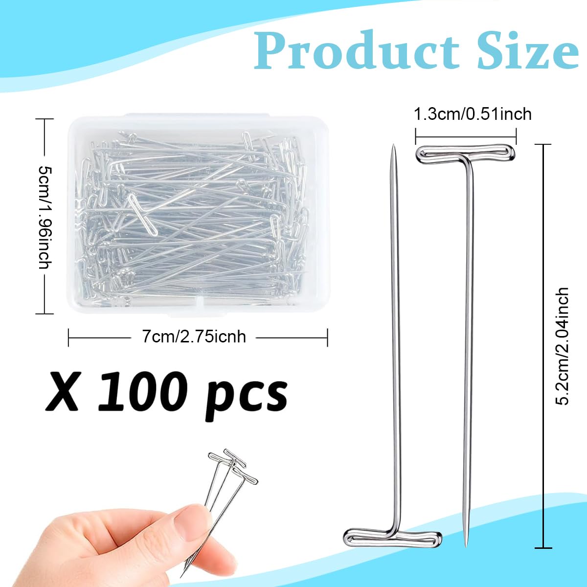 MAYCREATE® 100PCS T Pins, 2 inch Sewing Pins, Long Straight Pins for Sewing, Foam Head, Modelling, Wig Making and Craft, Quilting and Blocking Decoration with Storage Box