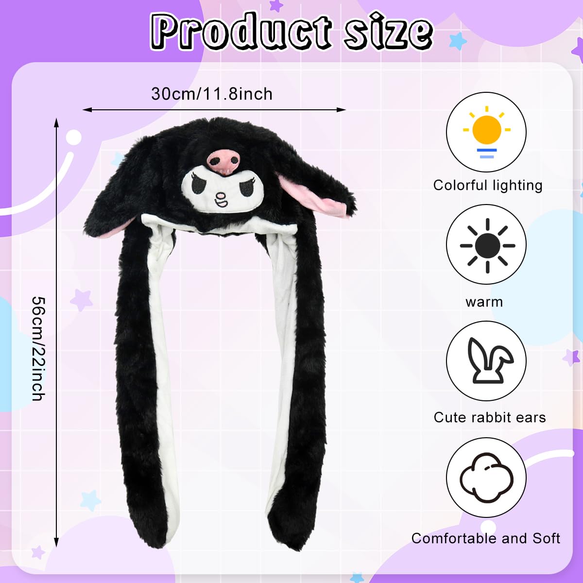 PATPAT® Kawaii Winter Hat for Girls Sanrio Cartoon Kuromi Plush Winter Hat Plush Fun Moving Ear Kuromi Hat Christmas Gift for Girls