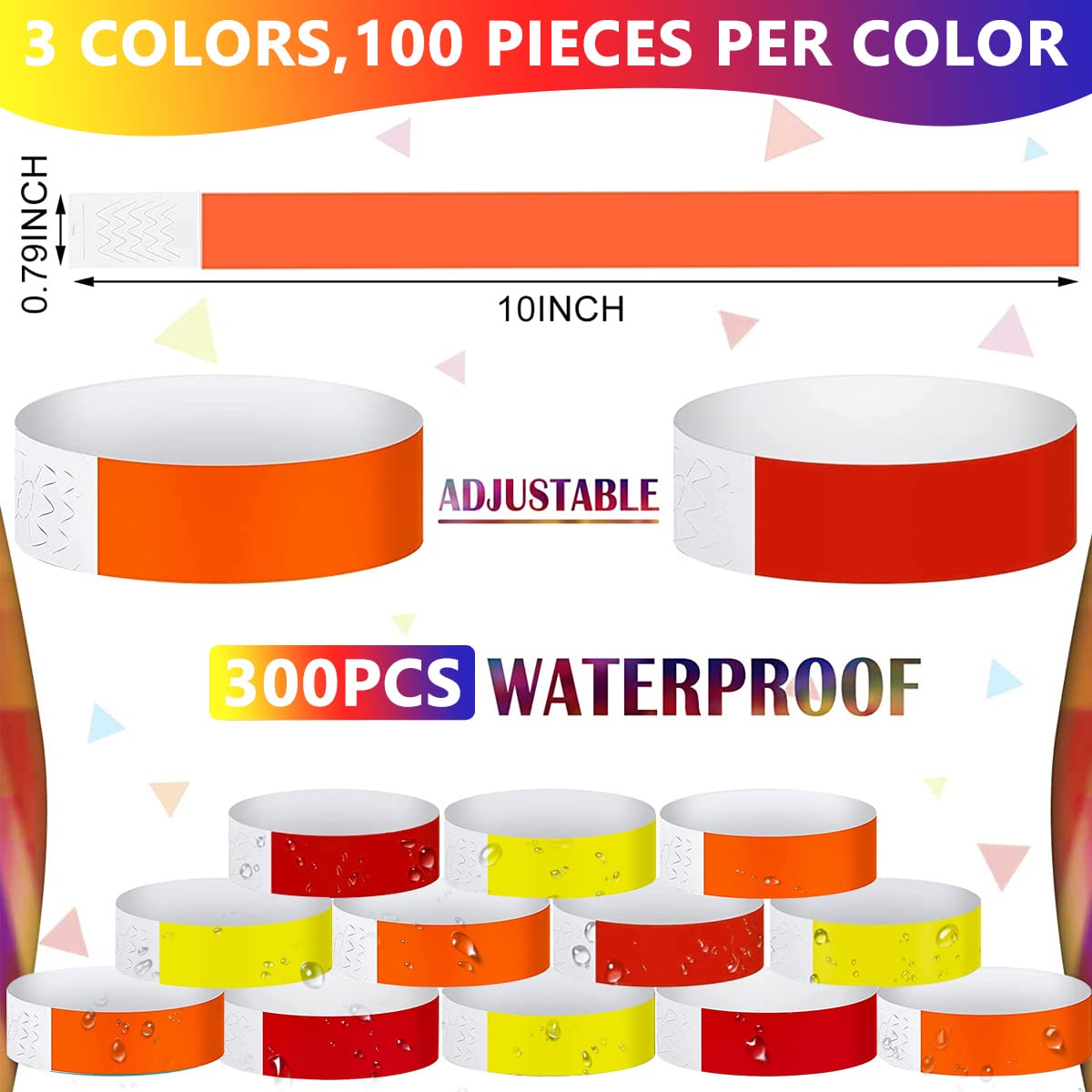 HASTHIP® 300 Pack Paper Wristbands Neon Wrist Bands for Events Variety Neon Wrist Bands Lightweight Concert Wristbands Colored Waterproof Hand Bands for Party(100*Red+100*Orange+100*Yelllow)