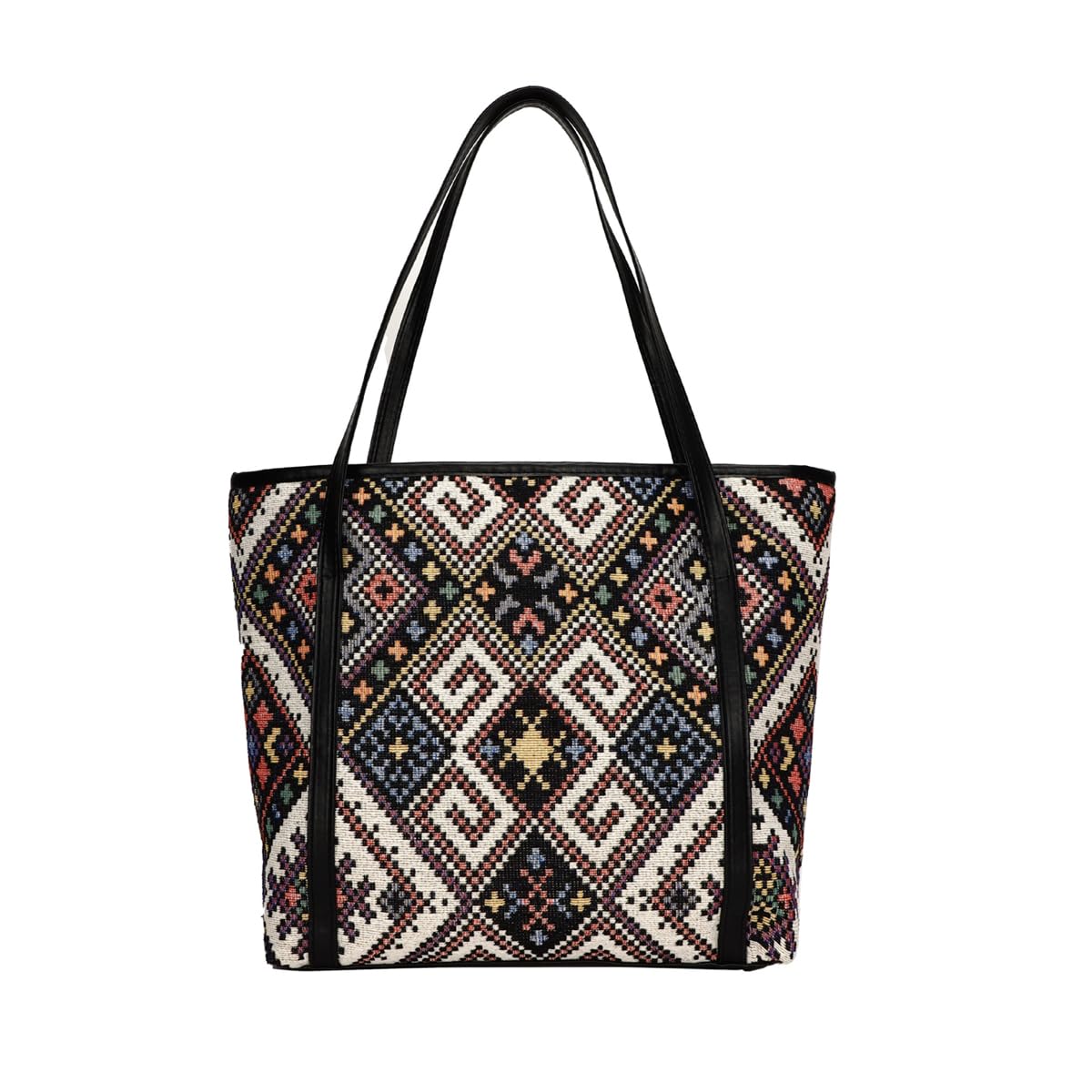 PALAY Tote Bag for Women with Zipper Closure and 42x12x39cm Capacity | Vintage Jacquard Print Black Handbag