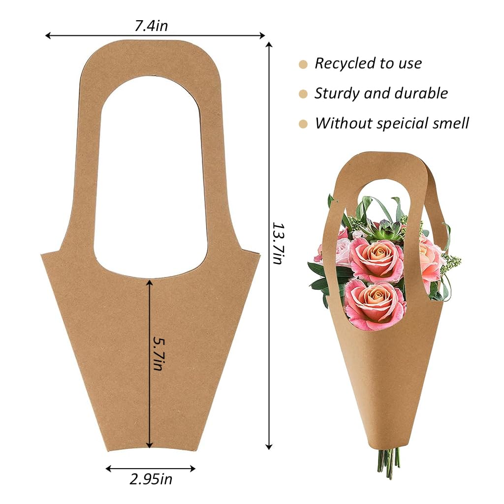 HASTHIP® 10pcs Flower Bouquet Bag with Handle Flowers Gift Wrap Bag Vintage Kraft Paper Flower Bouquet Carry Bag Flower Wrapping Bags for Flower Arrangement, Flower Shop Gift Packing, Home Decoration