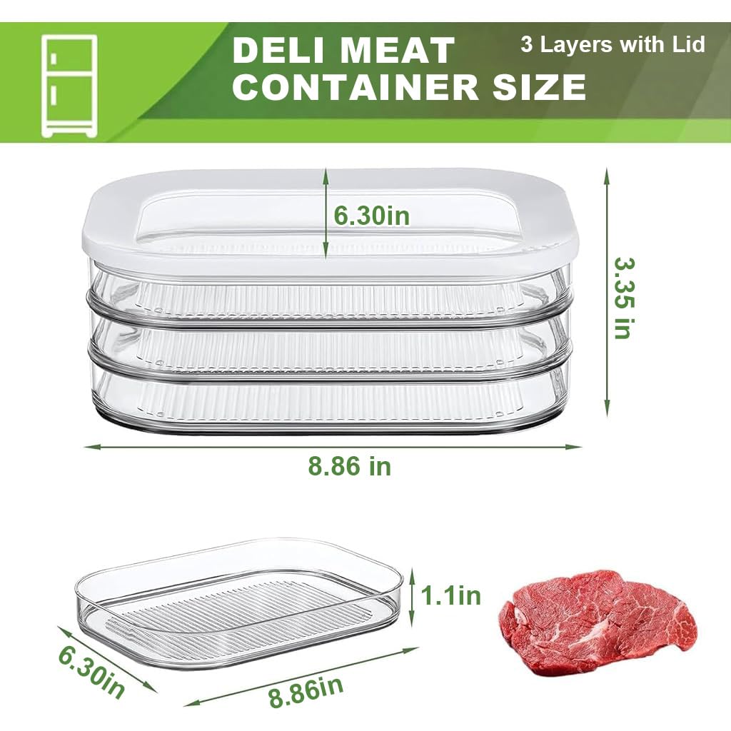 Supvox® Food Storage Container with Lid, BPA Free PET Food Grade Raw Meat Container Fresh Food Prep Tray Triple Layer Transparent Stackable Fresh Box for Cold Cuts, Deli, Chicken Breast, 22.5x16x8.5cm