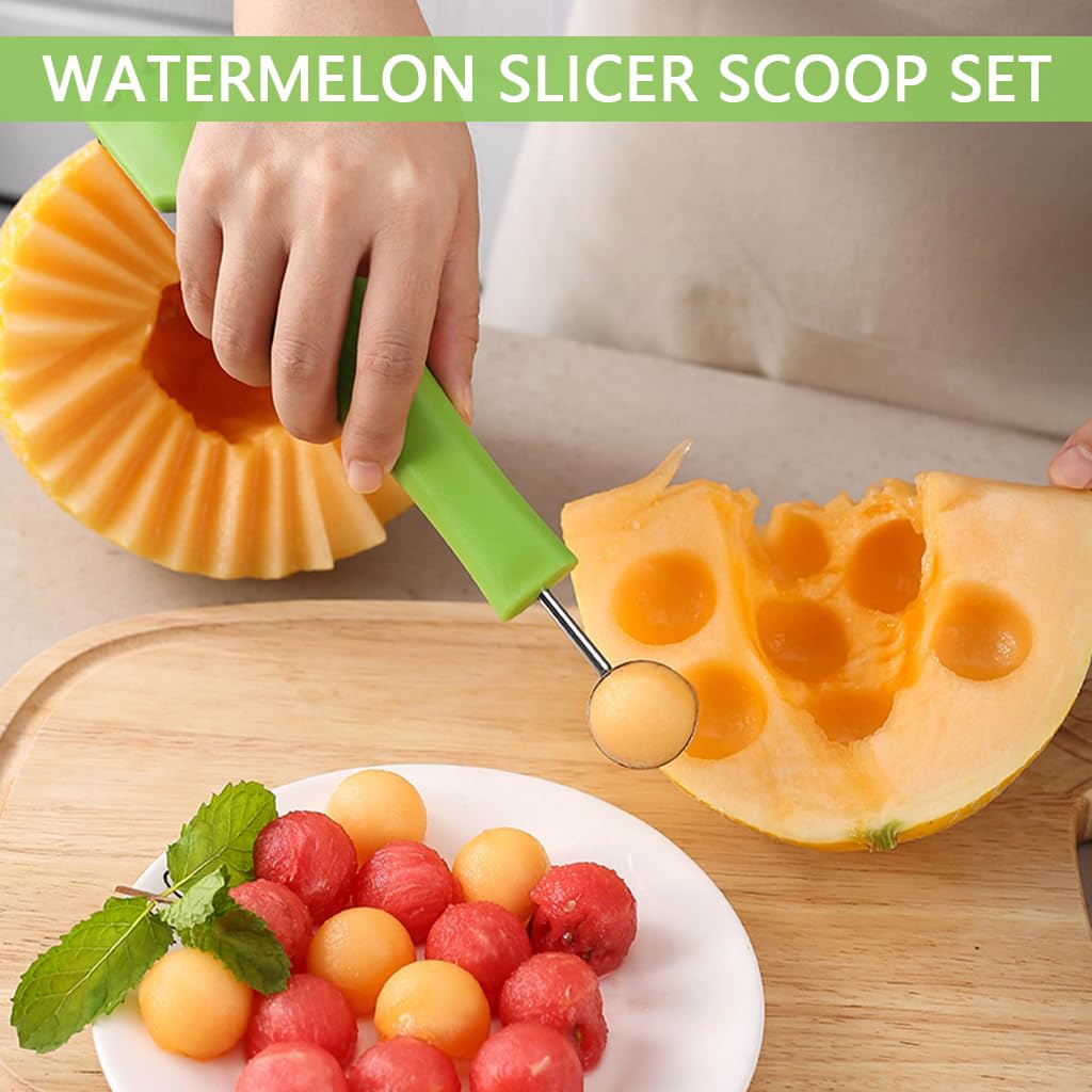 Supvox® Melon Baller Fruit Ball Spoon 4 in 1 Melon Scoop Fruit Scooper Tool with Folding Cutter & Fruit Fork Melon Scoop Tool for Cantaloupe, Dragon Fruit, Watermelon, Avocado